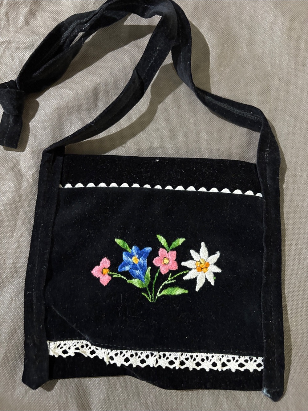 Black Velvet Mini Shoulder Bag with Embroidered Floral Motif